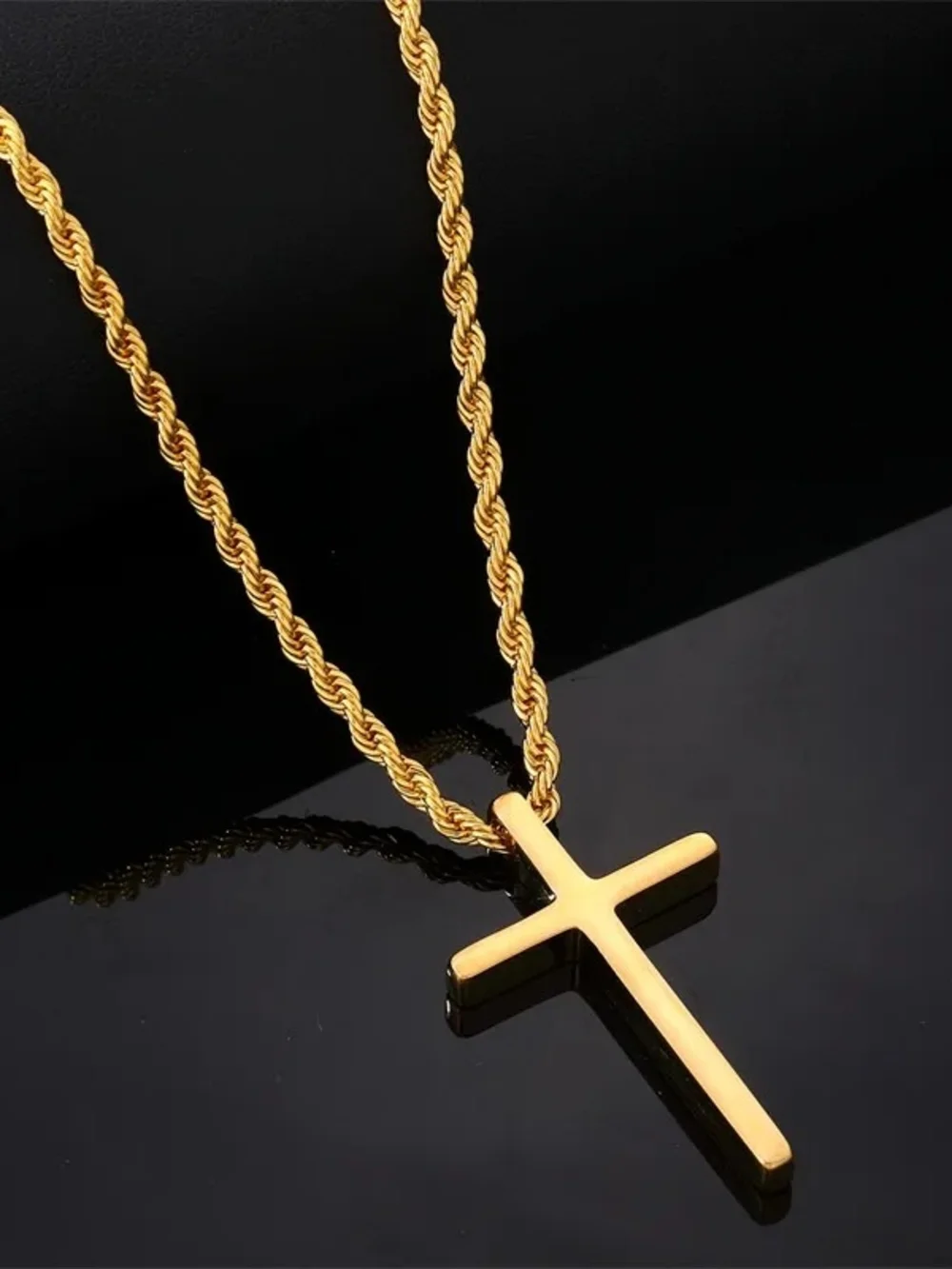 Gold Cross Pendant Necklace for Men - Classic Rope Chain